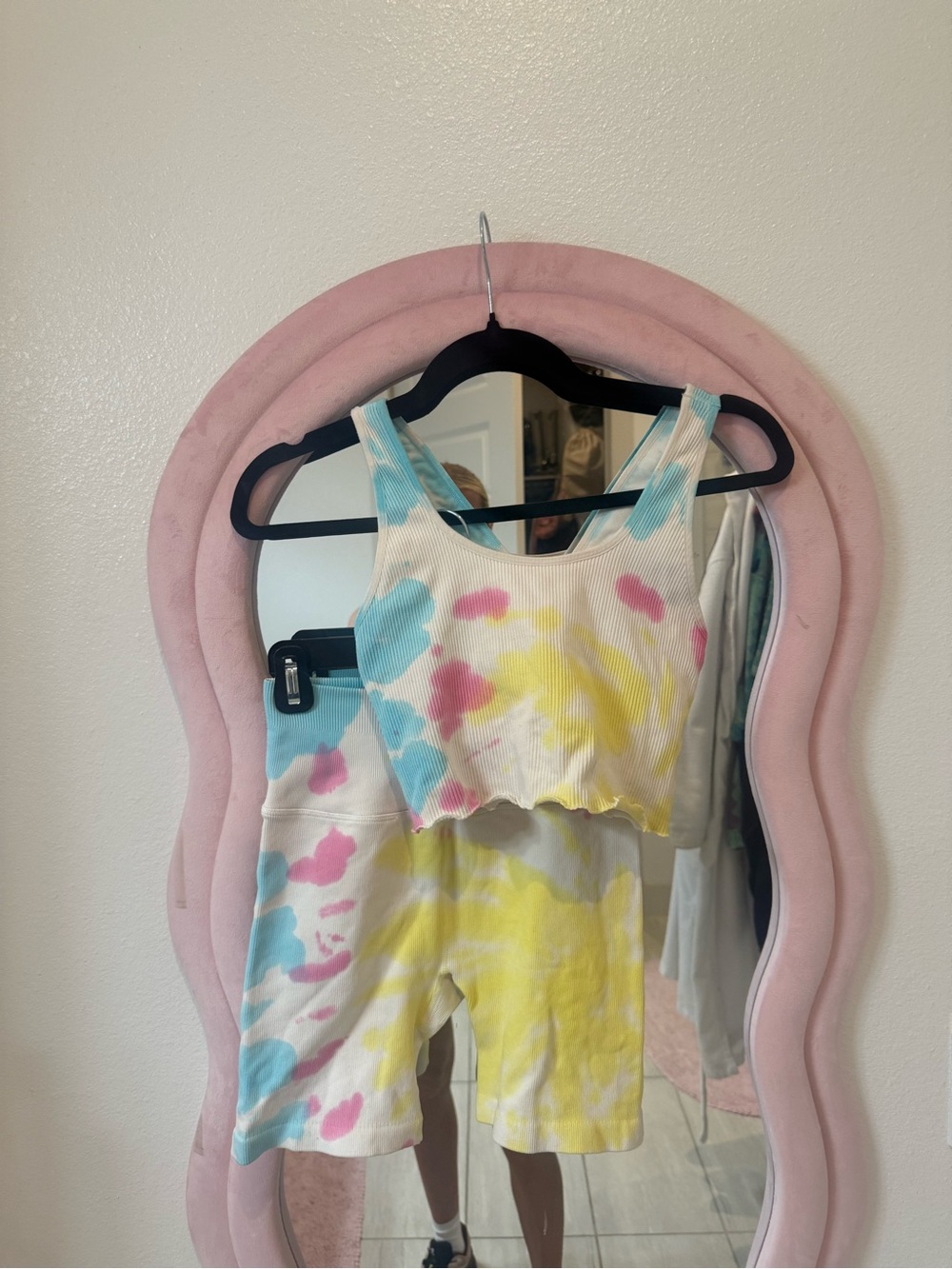 Tie-Dye Ribbed Crop Tank & Bike Shorts Set - Pastel Yellow, Blue, Pink